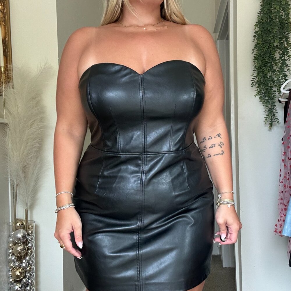 H&M Black Strapless Faux Leather Mini Dress